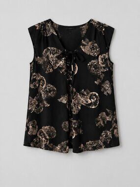 Black White House Black Market Lace-Up Shell Top with Metallic Shell Print
